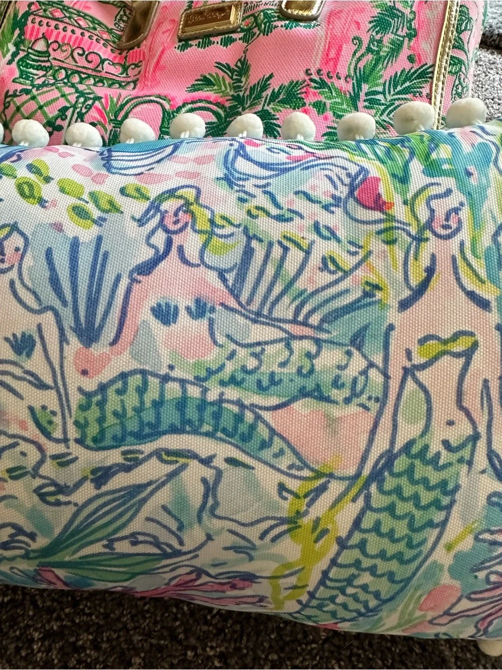 Lilly Pulitzer Pastel Mermaid Pom-Pom Lumbar Pillow - Blue Pink Green